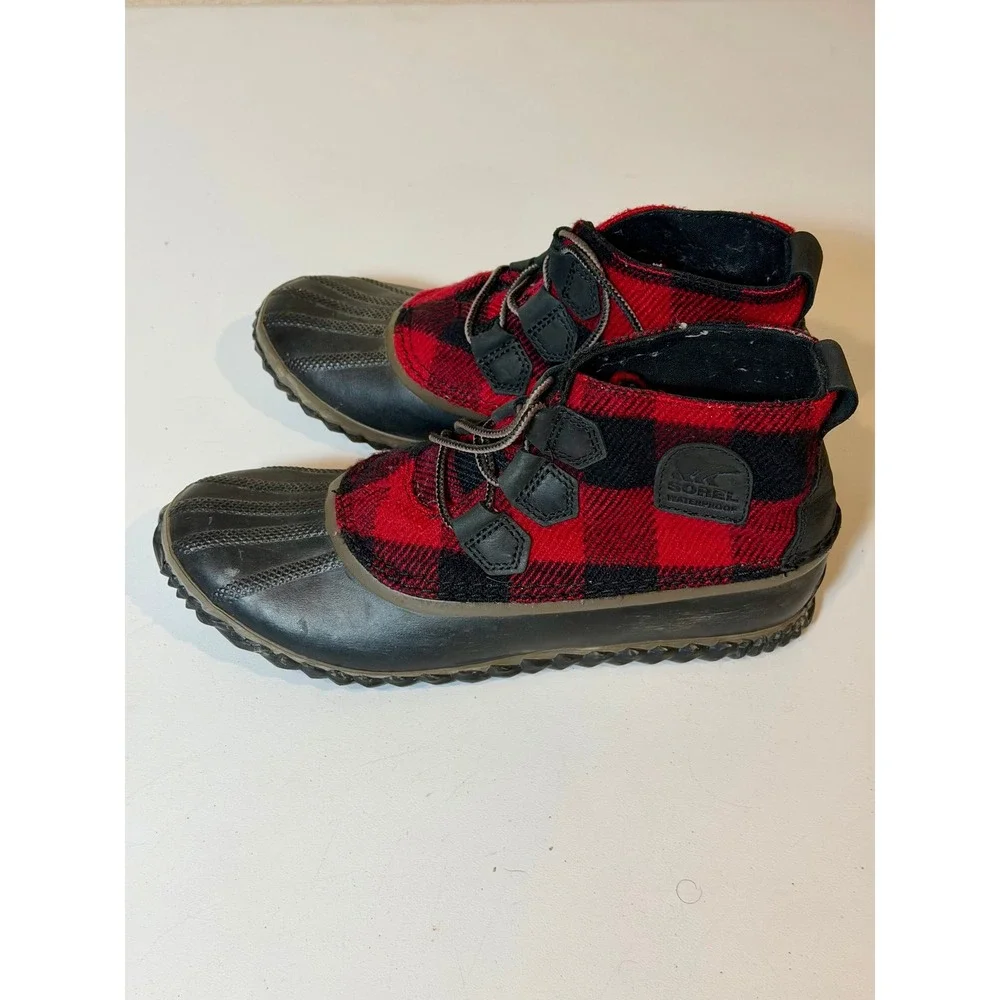 Sorel Out N About‎ Plus Plaid Boots Womens 8.5 Red Buffalo Duck Rain Waterproof